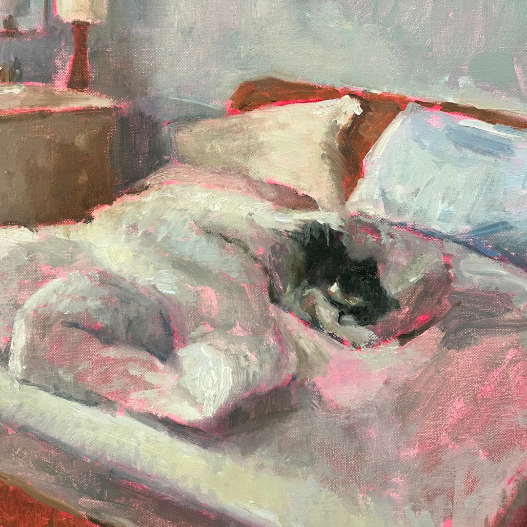 Unmade Bed with Cat